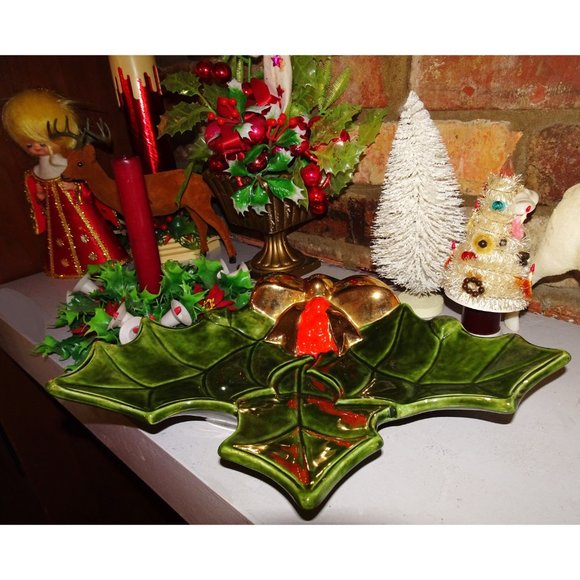 Vintage Ceramic Holly Serving Dish mcm Christmas candy dish retro 1970s - Picture 7 of 12